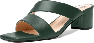 AMBELIGHT Womens Square Toe Slip On Solid Dress Matte Night Club Chunky Low Heel Sandals 2 Inch