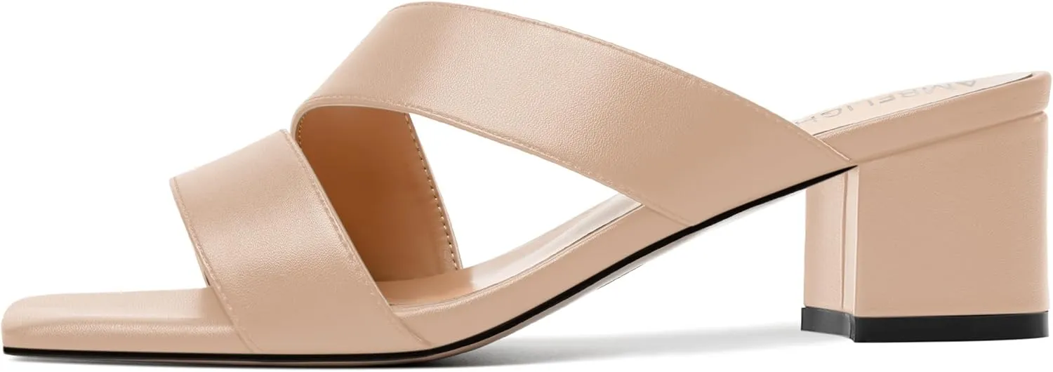 AMBELIGHT Womens Square Toe Slip On Solid Dress Matte Night Club Chunky Low Heel Sandals 2 Inch
