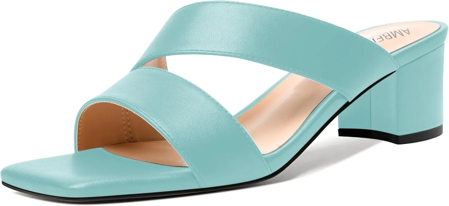 AMBELIGHT Womens Square Toe Slip On Solid Dress Matte Night Club Chunky Low Heel Sandals 2 Inch