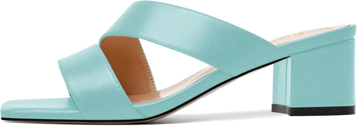 AMBELIGHT Womens Square Toe Slip On Solid Dress Matte Night Club Chunky Low Heel Sandals 2 Inch