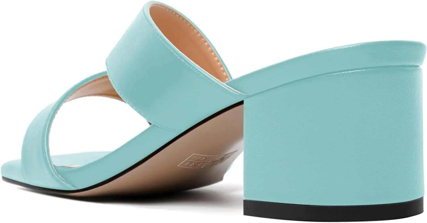 AMBELIGHT Womens Square Toe Slip On Solid Dress Matte Night Club Chunky Low Heel Sandals 2 Inch