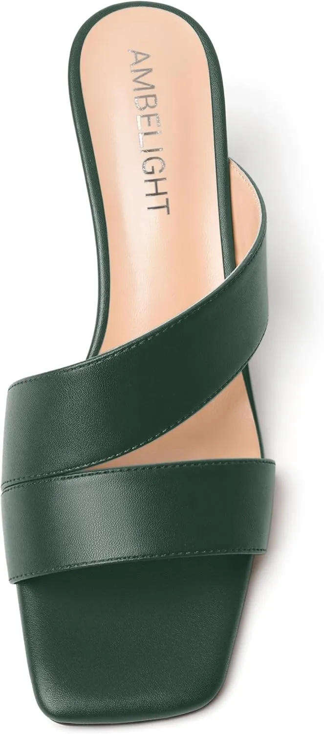AMBELIGHT Womens Square Toe Slip On Solid Dress Matte Night Club Chunky Low Heel Sandals 2 Inch