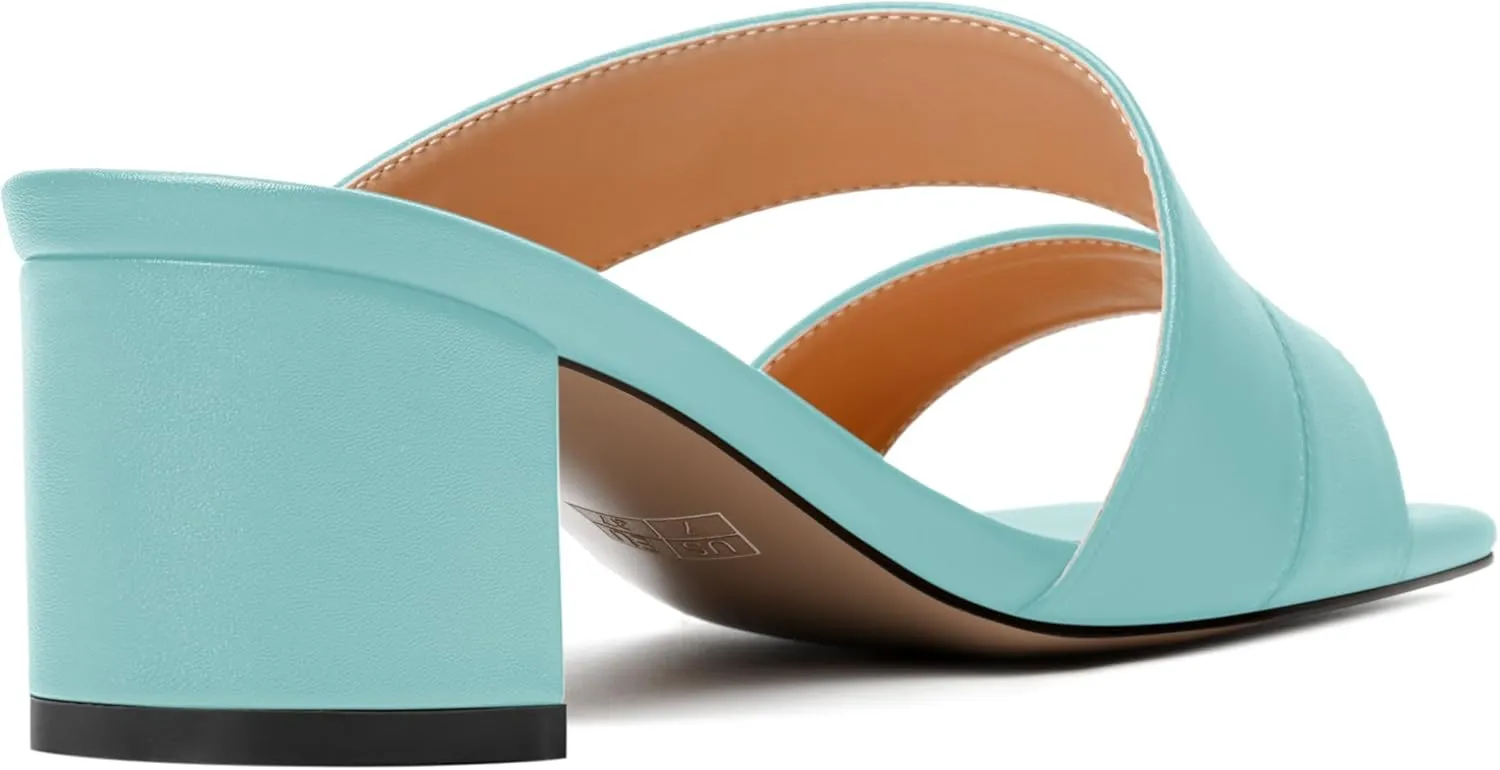 AMBELIGHT Womens Square Toe Slip On Solid Dress Matte Night Club Chunky Low Heel Sandals 2 Inch