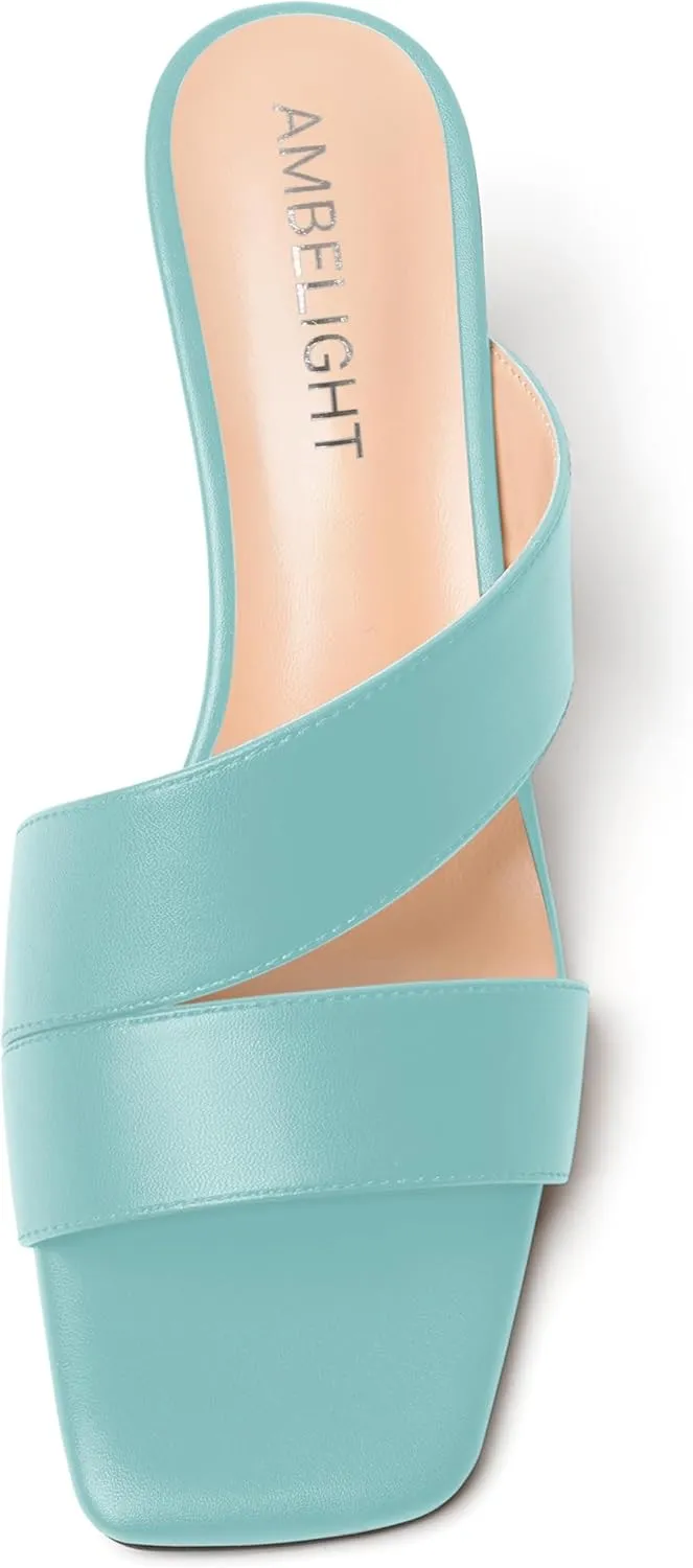 AMBELIGHT Womens Square Toe Slip On Solid Dress Matte Night Club Chunky Low Heel Sandals 2 Inch