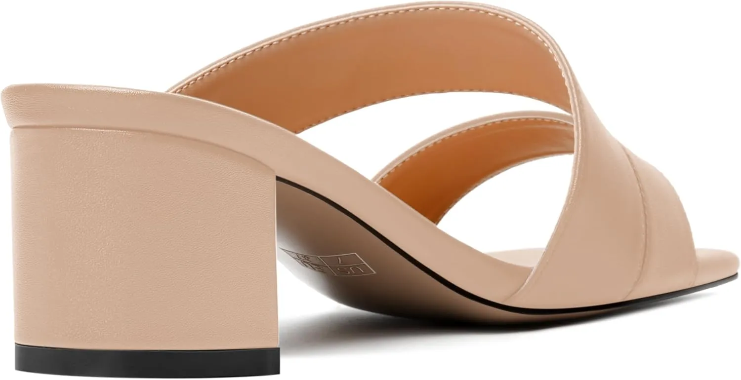 AMBELIGHT Womens Square Toe Slip On Solid Dress Matte Night Club Chunky Low Heel Sandals 2 Inch