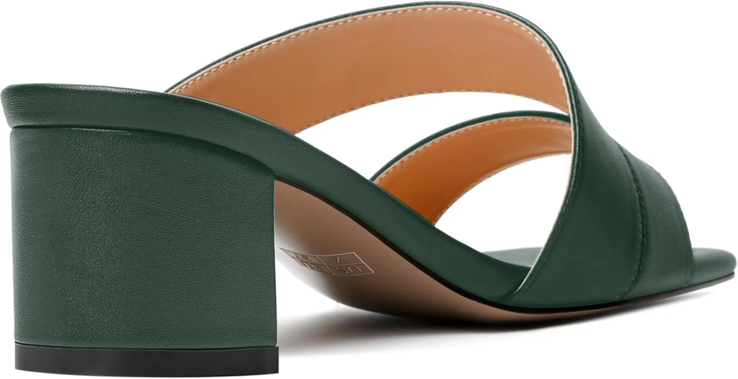 AMBELIGHT Womens Square Toe Slip On Solid Dress Matte Night Club Chunky Low Heel Sandals 2 Inch