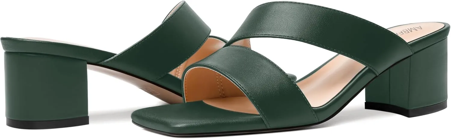 AMBELIGHT Womens Square Toe Slip On Solid Dress Matte Night Club Chunky Low Heel Sandals 2 Inch