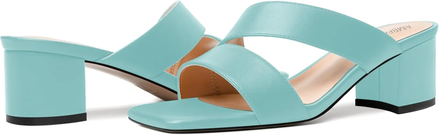 AMBELIGHT Womens Square Toe Slip On Solid Dress Matte Night Club Chunky Low Heel Sandals 2 Inch