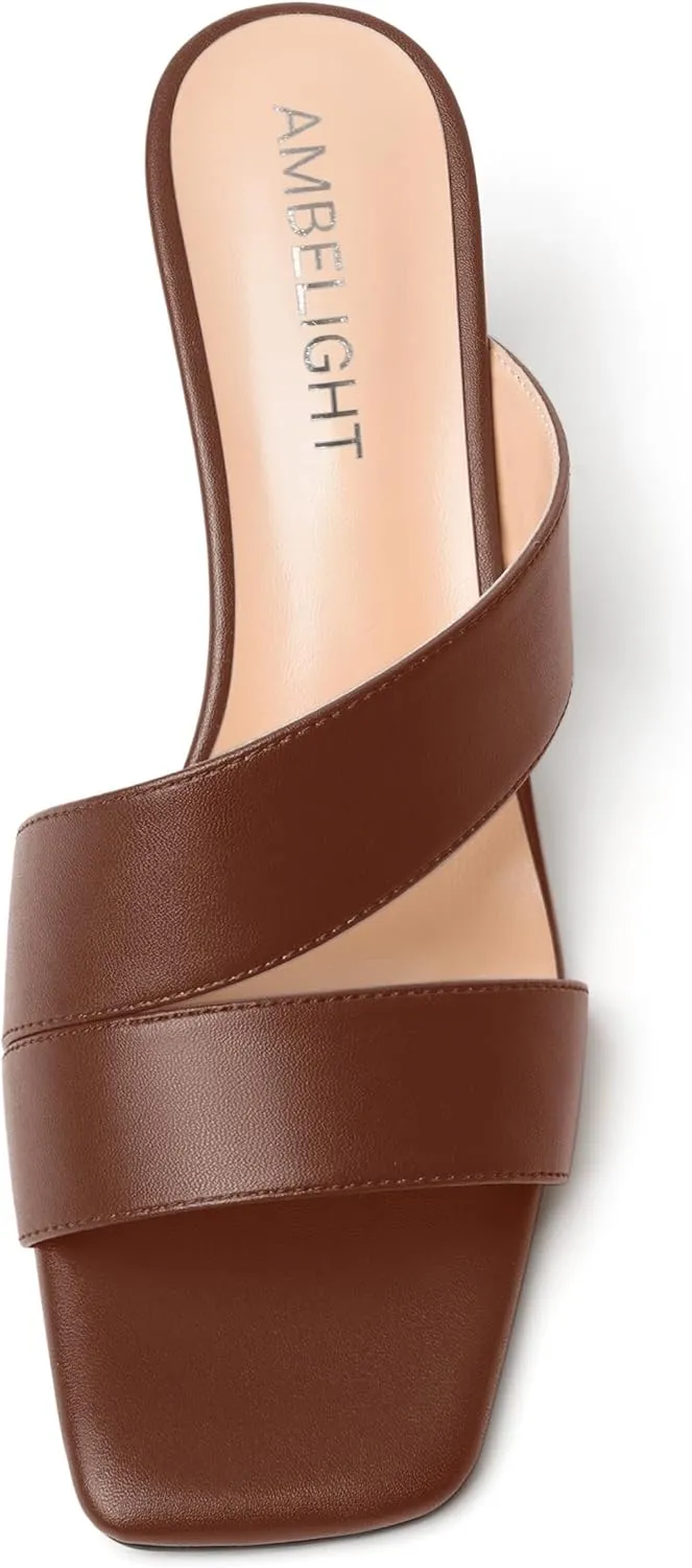AMBELIGHT Womens Square Toe Slip On Solid Dress Matte Night Club Chunky Low Heel Sandals 2 Inch
