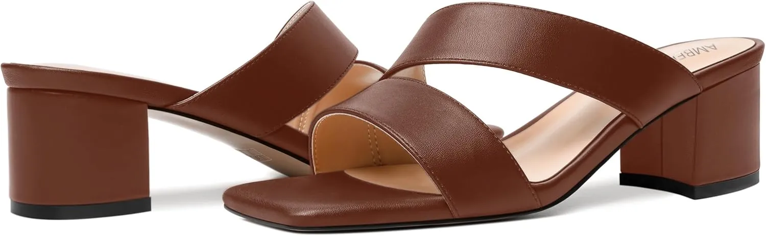 AMBELIGHT Womens Square Toe Slip On Solid Dress Matte Night Club Chunky Low Heel Sandals 2 Inch
