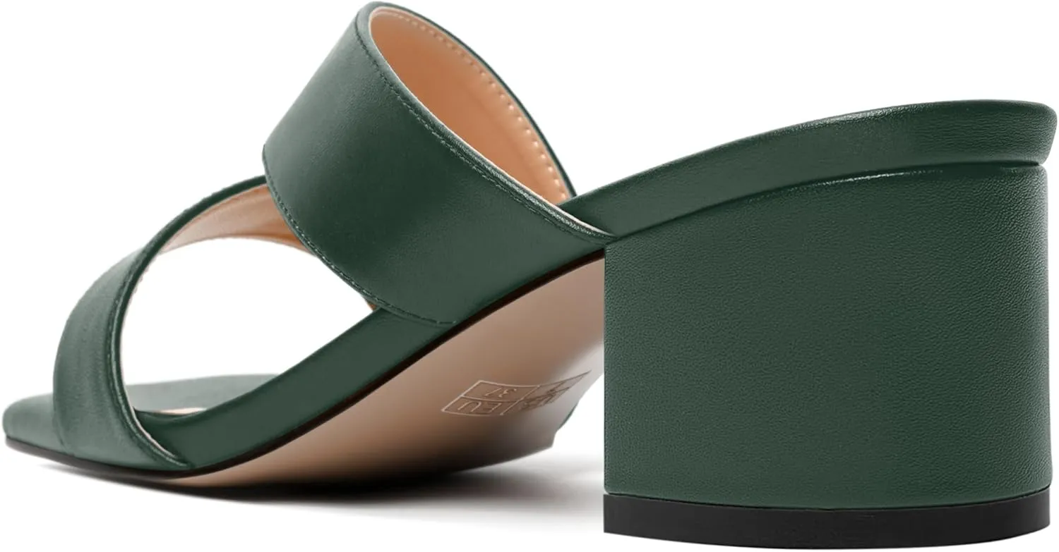 AMBELIGHT Womens Square Toe Slip On Solid Dress Matte Night Club Chunky Low Heel Sandals 2 Inch
