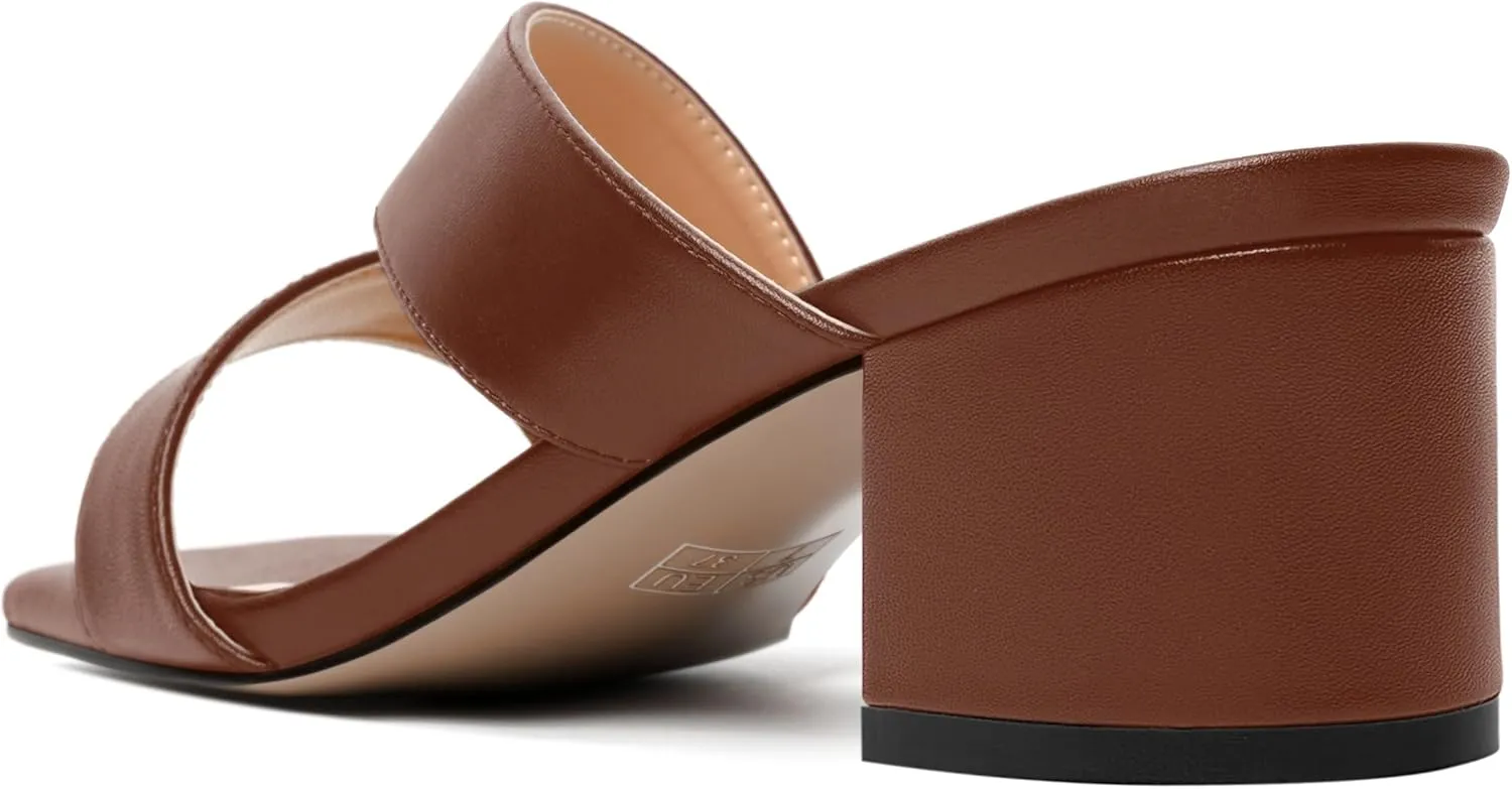 AMBELIGHT Womens Square Toe Slip On Solid Dress Matte Night Club Chunky Low Heel Sandals 2 Inch