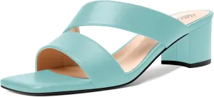 AMBELIGHT Womens Square Toe Slip On Solid Dress Matte Night Club Chunky Low Heel Sandals 2 Inch