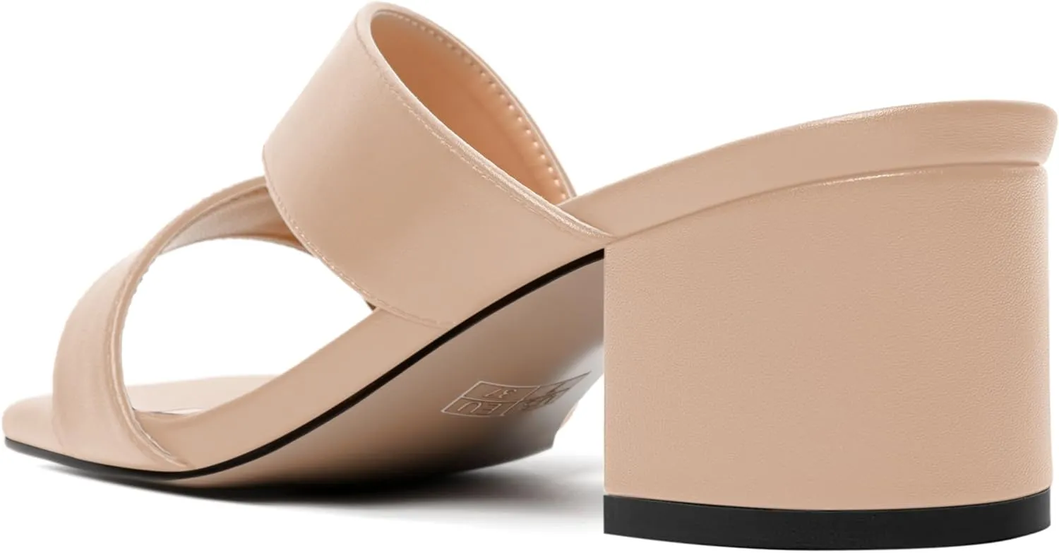 AMBELIGHT Womens Square Toe Slip On Solid Dress Matte Night Club Chunky Low Heel Sandals 2 Inch