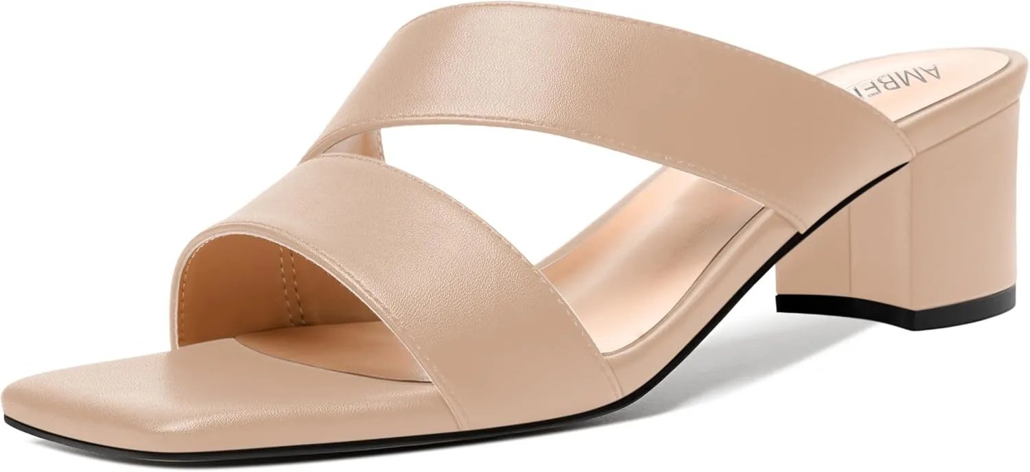 AMBELIGHT Womens Square Toe Slip On Solid Dress Matte Night Club Chunky Low Heel Sandals 2 Inch