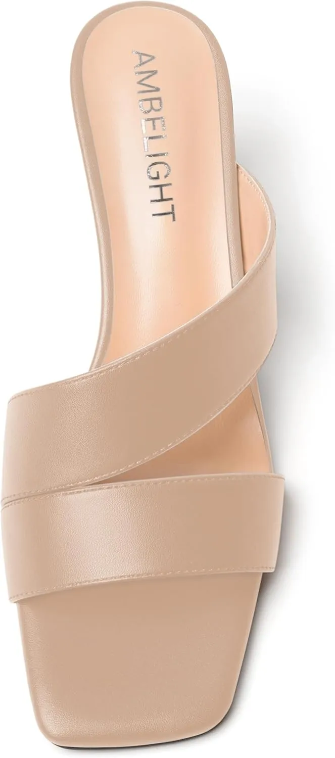AMBELIGHT Womens Square Toe Slip On Solid Dress Matte Night Club Chunky Low Heel Sandals 2 Inch