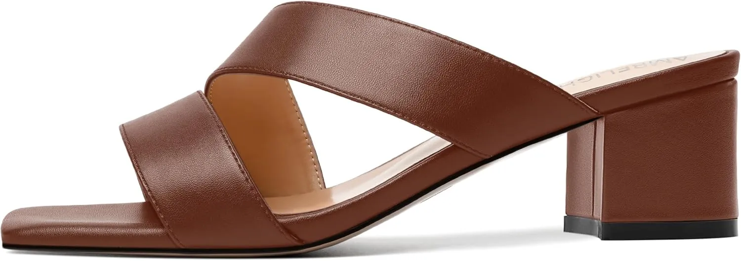 AMBELIGHT Womens Square Toe Slip On Solid Dress Matte Night Club Chunky Low Heel Sandals 2 Inch