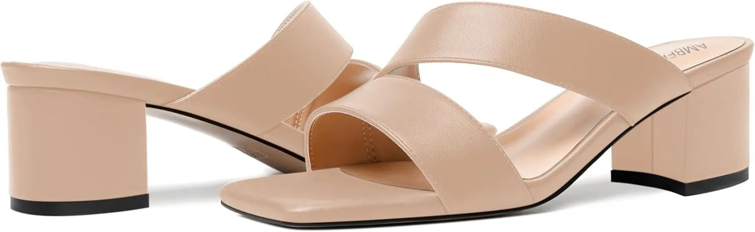 AMBELIGHT Womens Square Toe Slip On Solid Dress Matte Night Club Chunky Low Heel Sandals 2 Inch