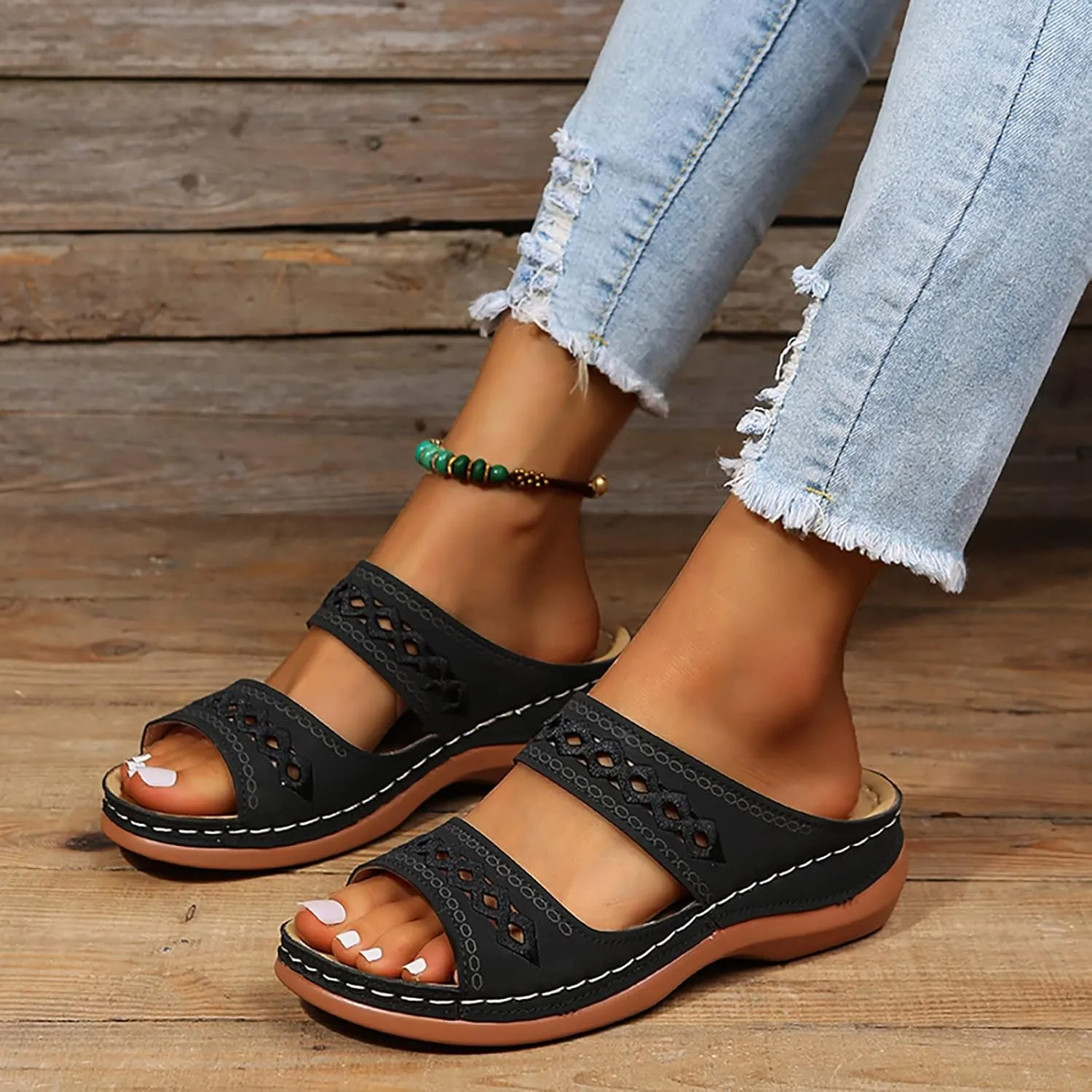 Arch Support Sandals Women's Black Flip Flops Beach Non Slip Sandal Ankle Strap Comfortable Dressy Wedge Arch Support Wedge Shoes for Woman Comfortable Platform Sandalia Ortopedica De Mujer