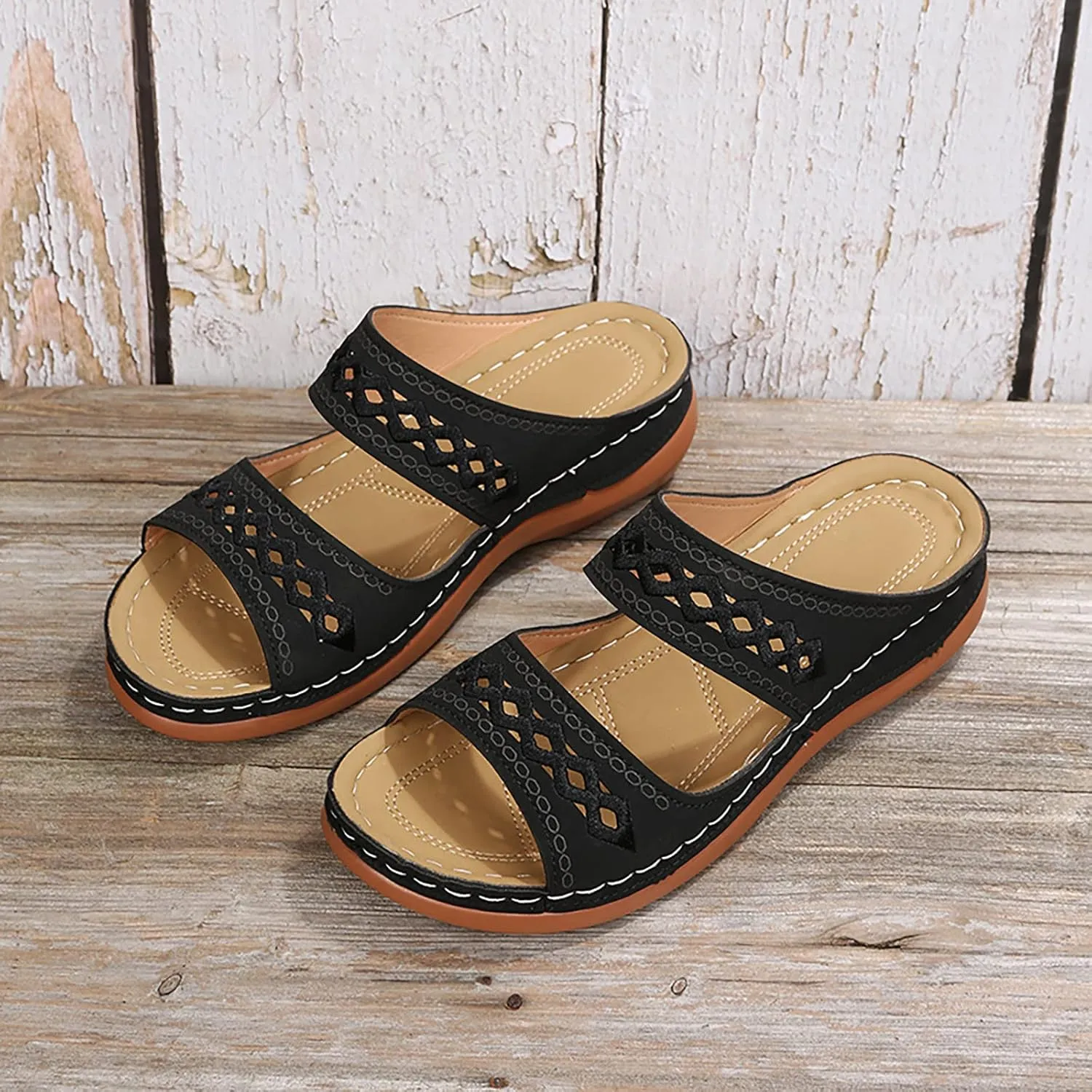 Arch Support Sandals Women's Black Flip Flops Beach Non Slip Sandal Ankle Strap Comfortable Dressy Wedge Arch Support Wedge Shoes for Woman Comfortable Platform Sandalia Ortopedica De Mujer