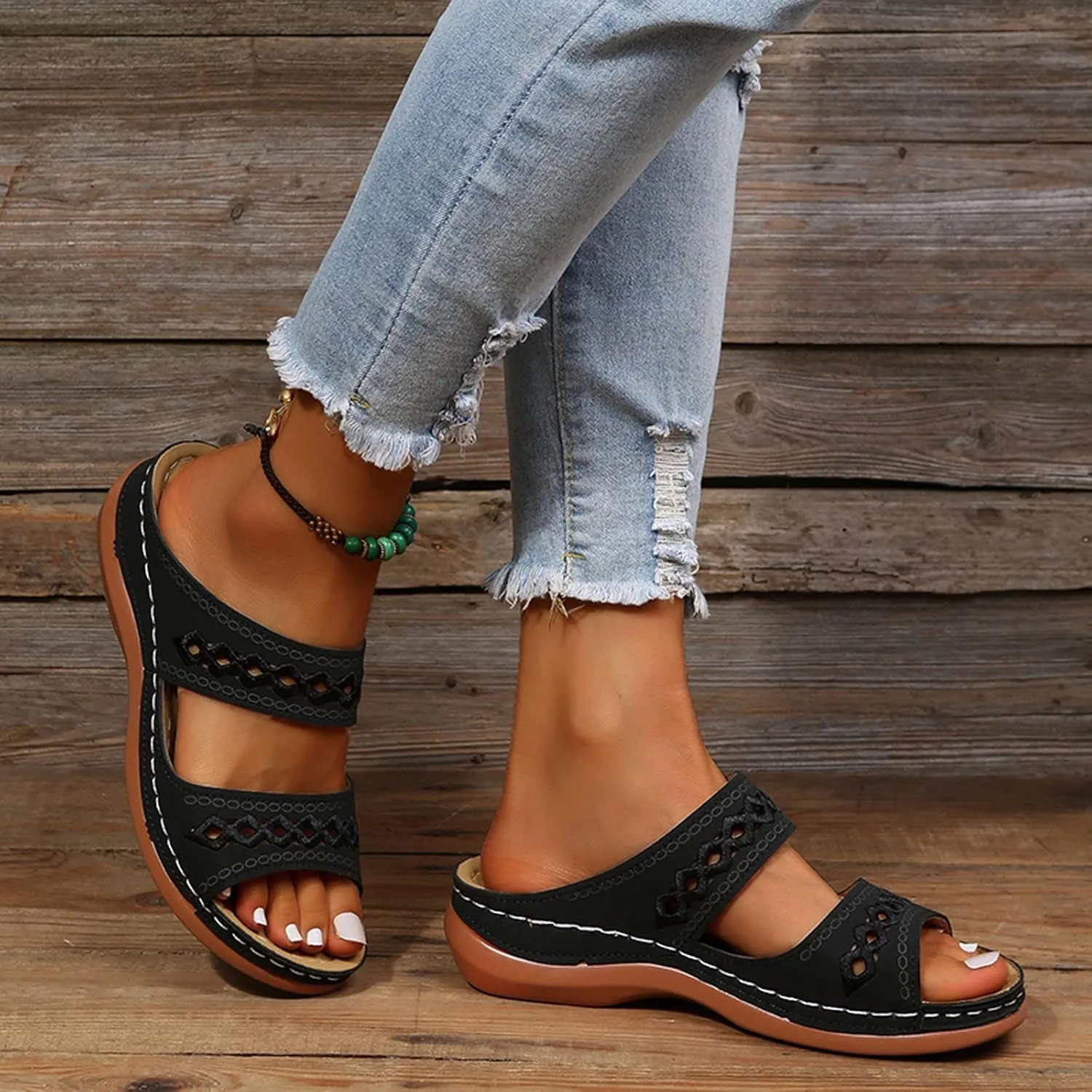 Arch Support Sandals Women's Black Flip Flops Beach Non Slip Sandal Ankle Strap Comfortable Dressy Wedge Arch Support Wedge Shoes for Woman Comfortable Platform Sandalia Ortopedica De Mujer