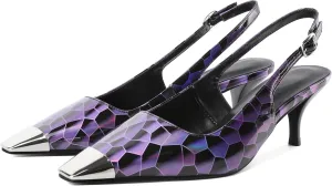 AUMOTED Sling back Heels for Women Purple Kitten Heels Elegant Cap Square Toe Shoes Low Heel Sandals 2.4 Inch Evening Party Shoes Patent Leather Shiny Purple US Size 7