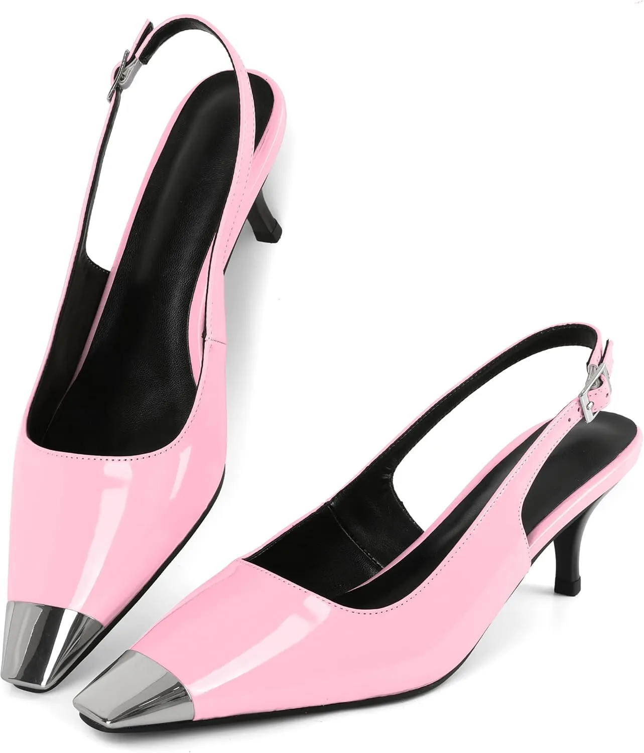 AUMOTED Slingback Kitten Heels for Women Stiletto Heels Silver Cap Square Toe Pumps with Buckle Low Heel Sandals 2.4 Inch Evening Party Wedding Shoes