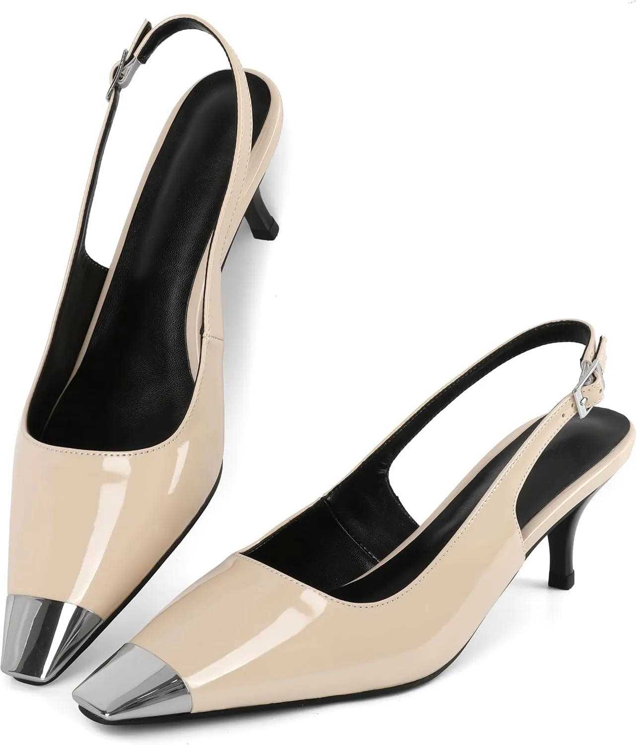 AUMOTED Slingback Kitten Heels for Women Stiletto Heels Silver Cap Square Toe Pumps with Buckle Low Heel Sandals 2.4 Inch Evening Party Wedding Shoes