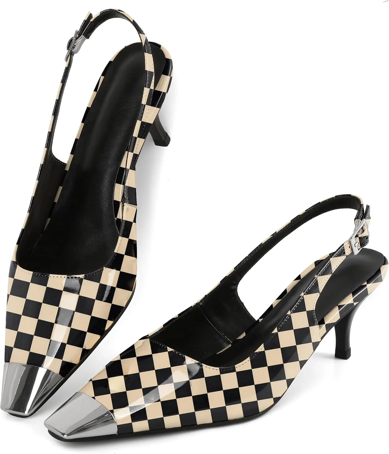 AUMOTED Slingback Kitten Heels for Women Stiletto Heels Silver Cap Square Toe Pumps with Buckle Low Heel Sandals 2.4 Inch Evening Party Wedding Shoes