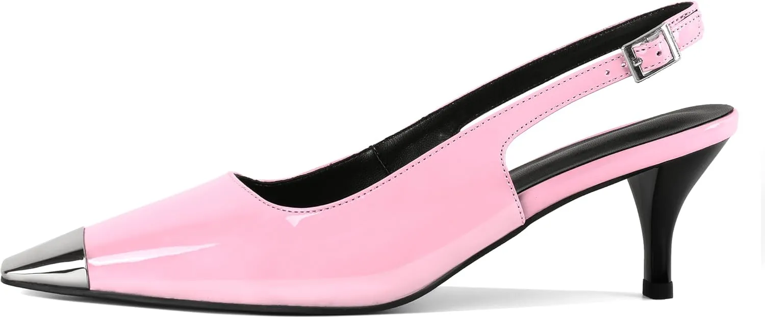 AUMOTED Slingback Kitten Heels for Women Stiletto Heels Silver Cap Square Toe Pumps with Buckle Low Heel Sandals 2.4 Inch Evening Party Wedding Shoes