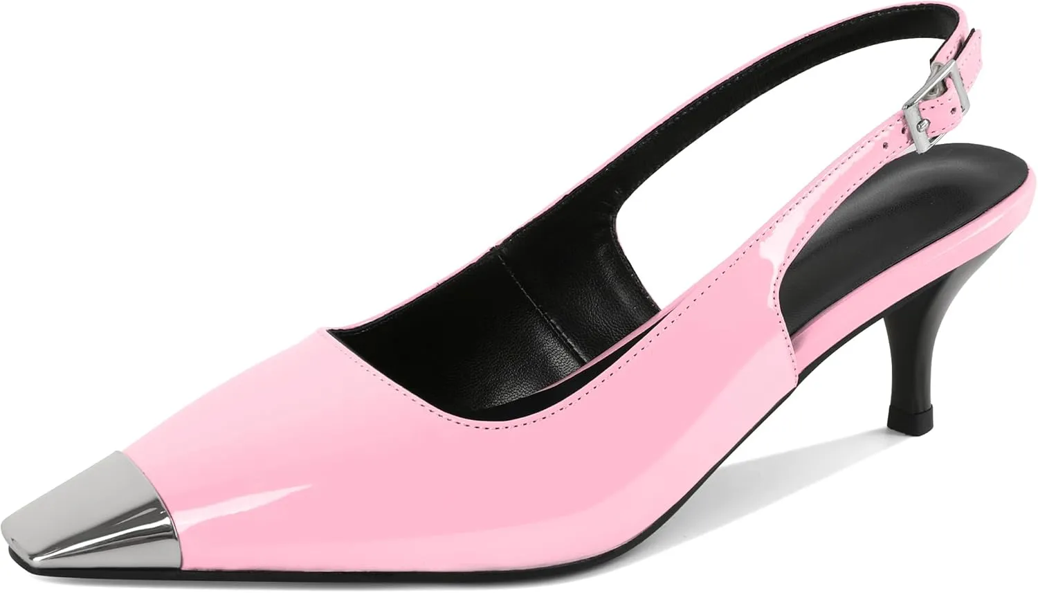 AUMOTED Slingback Kitten Heels for Women Stiletto Heels Silver Cap Square Toe Pumps with Buckle Low Heel Sandals 2.4 Inch Evening Party Wedding Shoes
