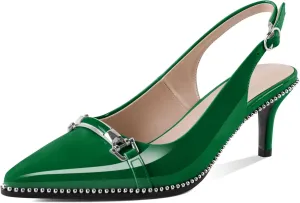 AUMOTED Women Green Slingback Heels Stiletto Mid Heels Trendy Beaded Closed Pointed Toe Pump Dress Kitten Shoes Wedding 2.5 Inch Green Patent Leather US Size 8.5