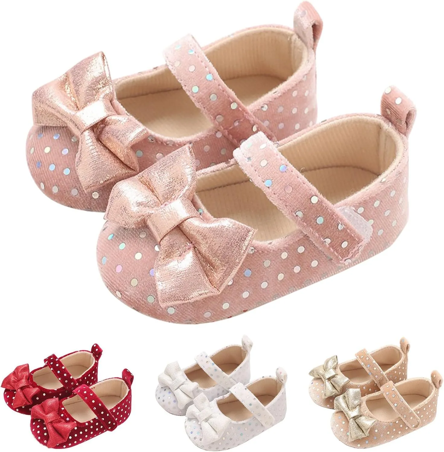 Baby Girls Dot Glitter Sandals Canvas Bow Strap Ankle Shoes Closed Toe Lightweight Indoor Soft Sandals for Newborn