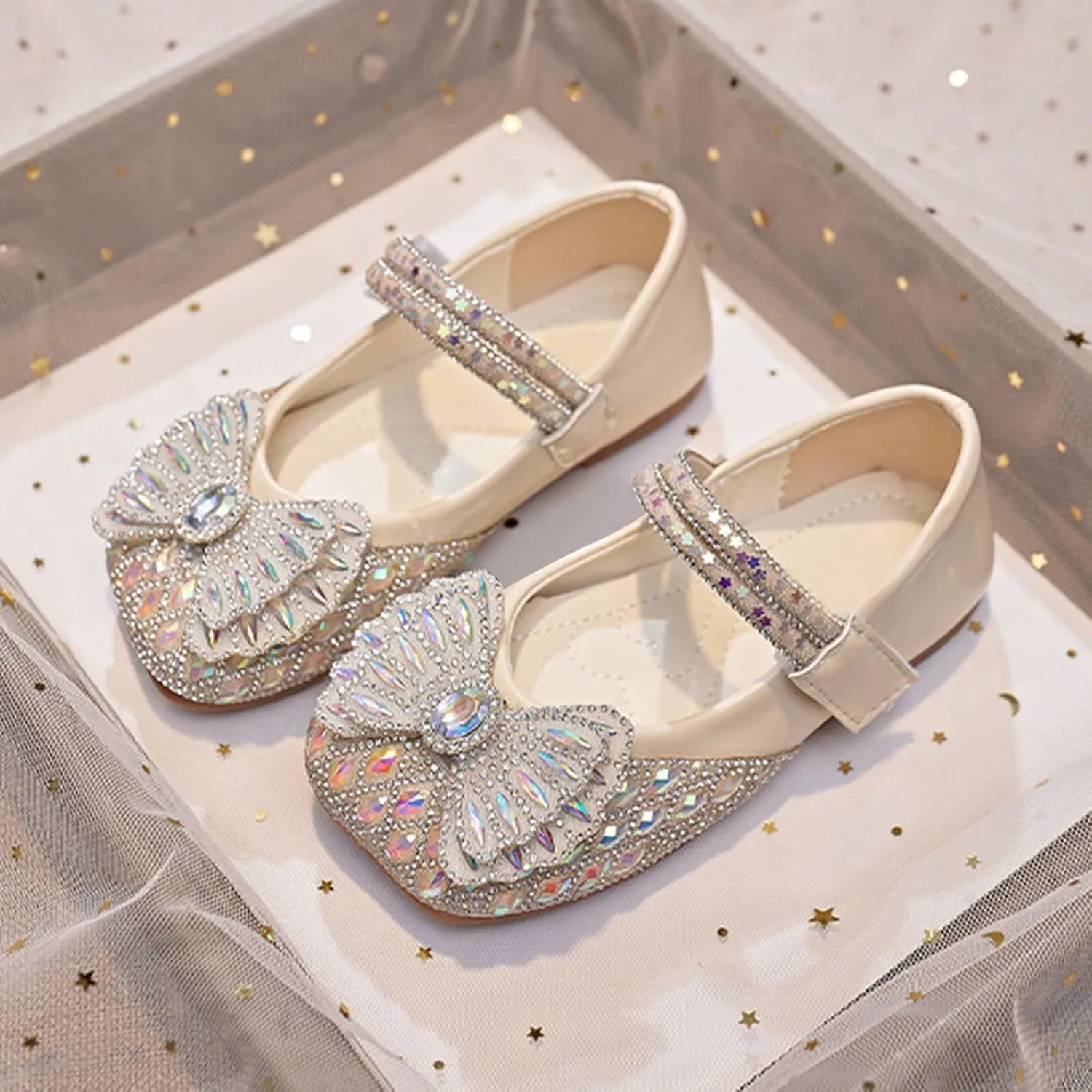 Baby Infant Girls Bow Sequins Ankle Sandals Wedding Birthday Formal Fancy Closed Toe Strap Glitter Shoes for Newborn