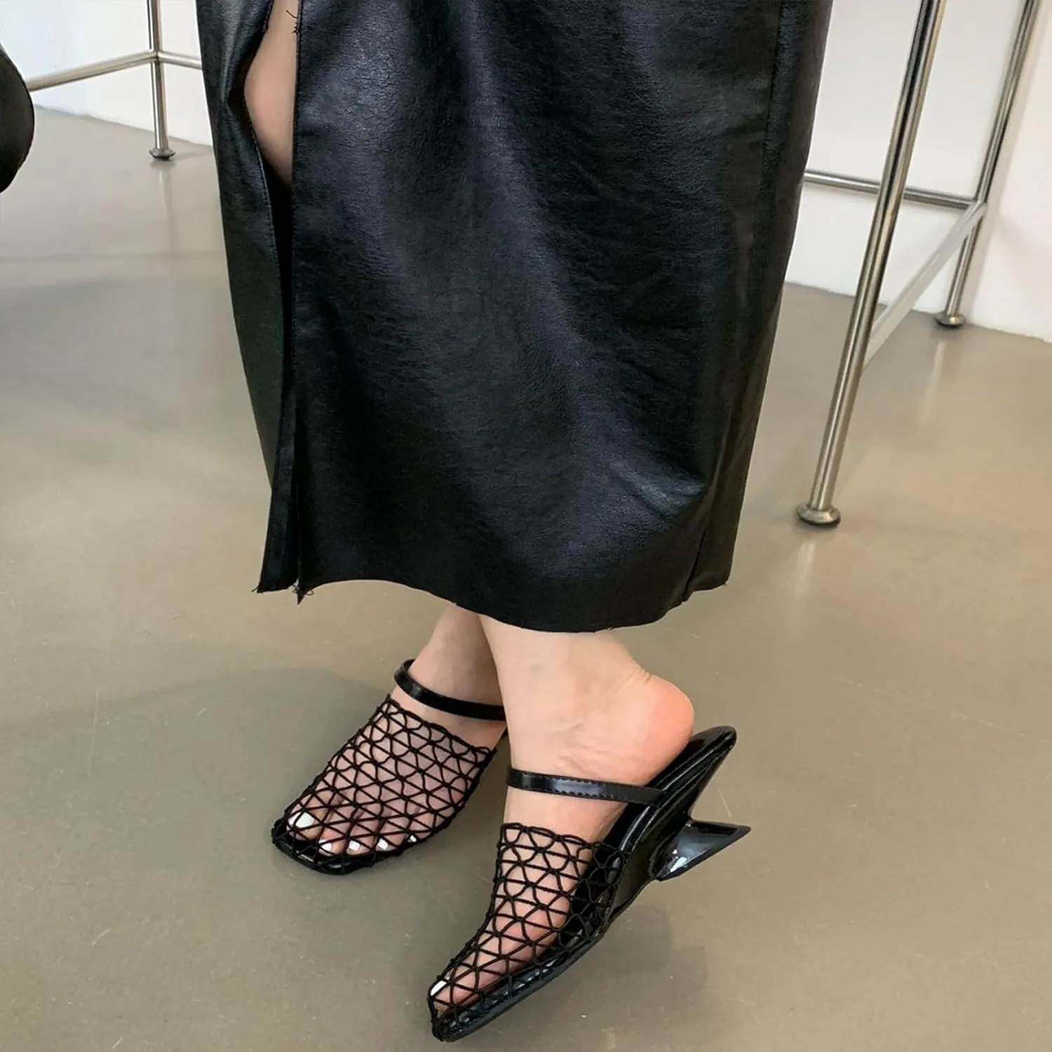 Black Square Open Toe Sandals for Women - Low Kitten Heels - Slip On Mesh Design - 2025 New Dressy Party Sandals