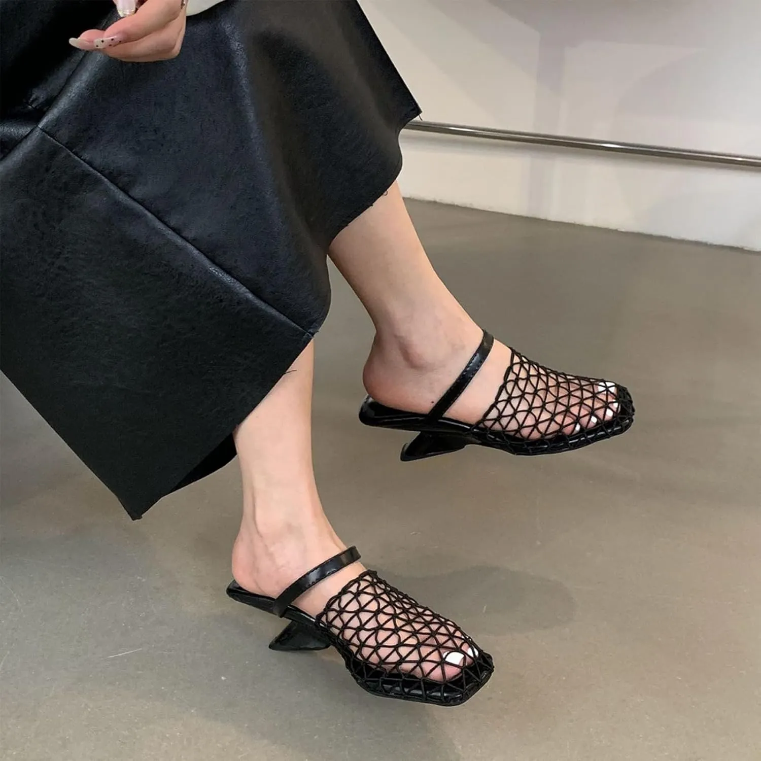 Black Square Open Toe Sandals for Women - Low Kitten Heels - Slip On Mesh Design - 2025 New Dressy Party Sandals