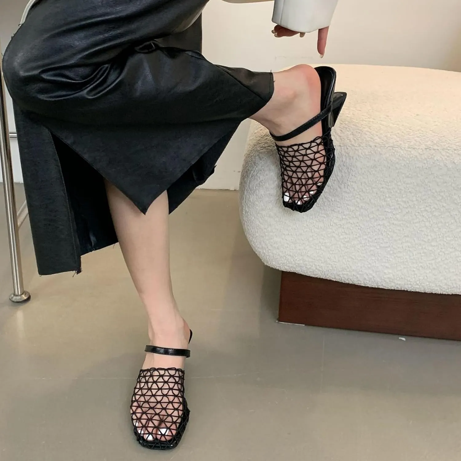 Black Square Open Toe Sandals for Women - Low Kitten Heels - Slip On Mesh Design - 2025 New Dressy Party Sandals