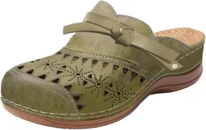 Clogs for Women Wide Width Wedge Sandals Closed Toe Hollow Out Arch Support Summer Outdoor Beach Slippers Slip on Breathable Vintage Leather Soft Sandals