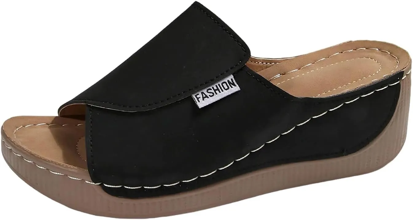 Comfortable Arch Support Slides for Women Orthopedic Wedge Sandals Wide Width Breathable Summer Orthotic Leather Platform Wedge Sandals Slip on Casual Shoes