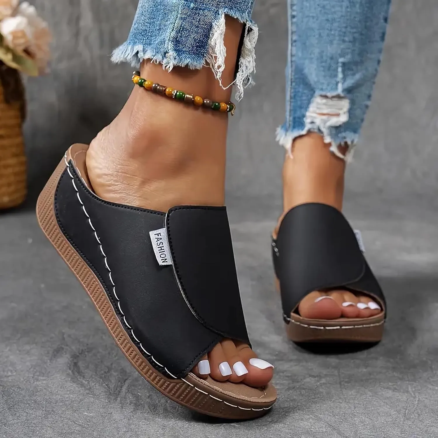 Comfortable Arch Support Slides for Women Orthopedic Wedge Sandals Wide Width Breathable Summer Orthotic Leather Platform Wedge Sandals Slip on Casual Shoes