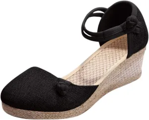 CsgrFagr Women Ladies Retro Linen Canvas Wedge Round Toe Casual Sandals Singles Shoes Womens Platform Wedges Sandals (Black, 6.5)