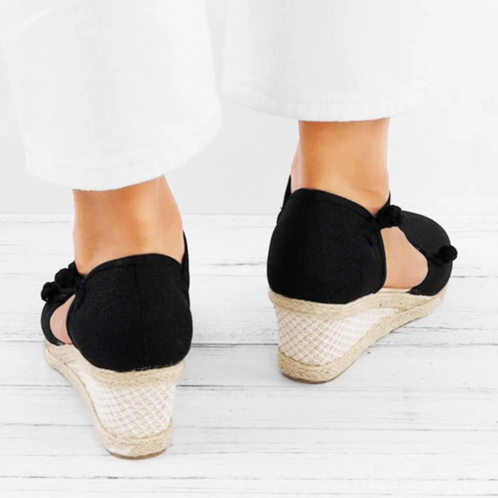 CsgrFagr Women Ladies Retro Linen Canvas Wedge Round Toe Casual Sandals Singles Shoes Womens Platform Wedges Sandals (Black, 6.5)