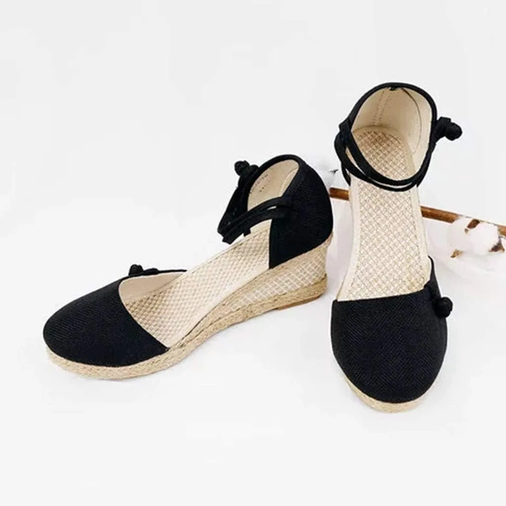 CsgrFagr Women Ladies Retro Linen Canvas Wedge Round Toe Casual Sandals Singles Shoes Womens Platform Wedges Sandals (Black, 6.5)