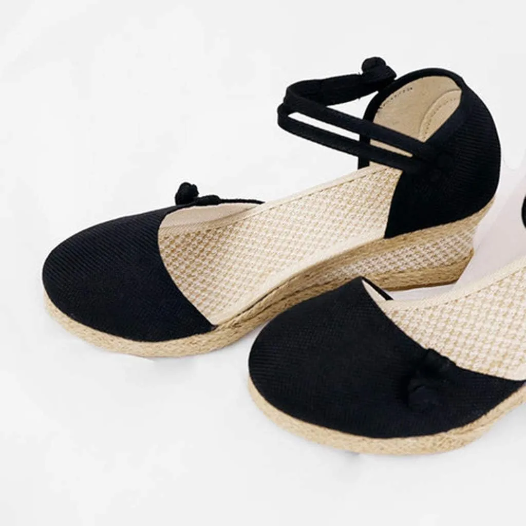 CsgrFagr Women Ladies Retro Linen Canvas Wedge Round Toe Casual Sandals Singles Shoes Womens Platform Wedges Sandals (Black, 6.5)