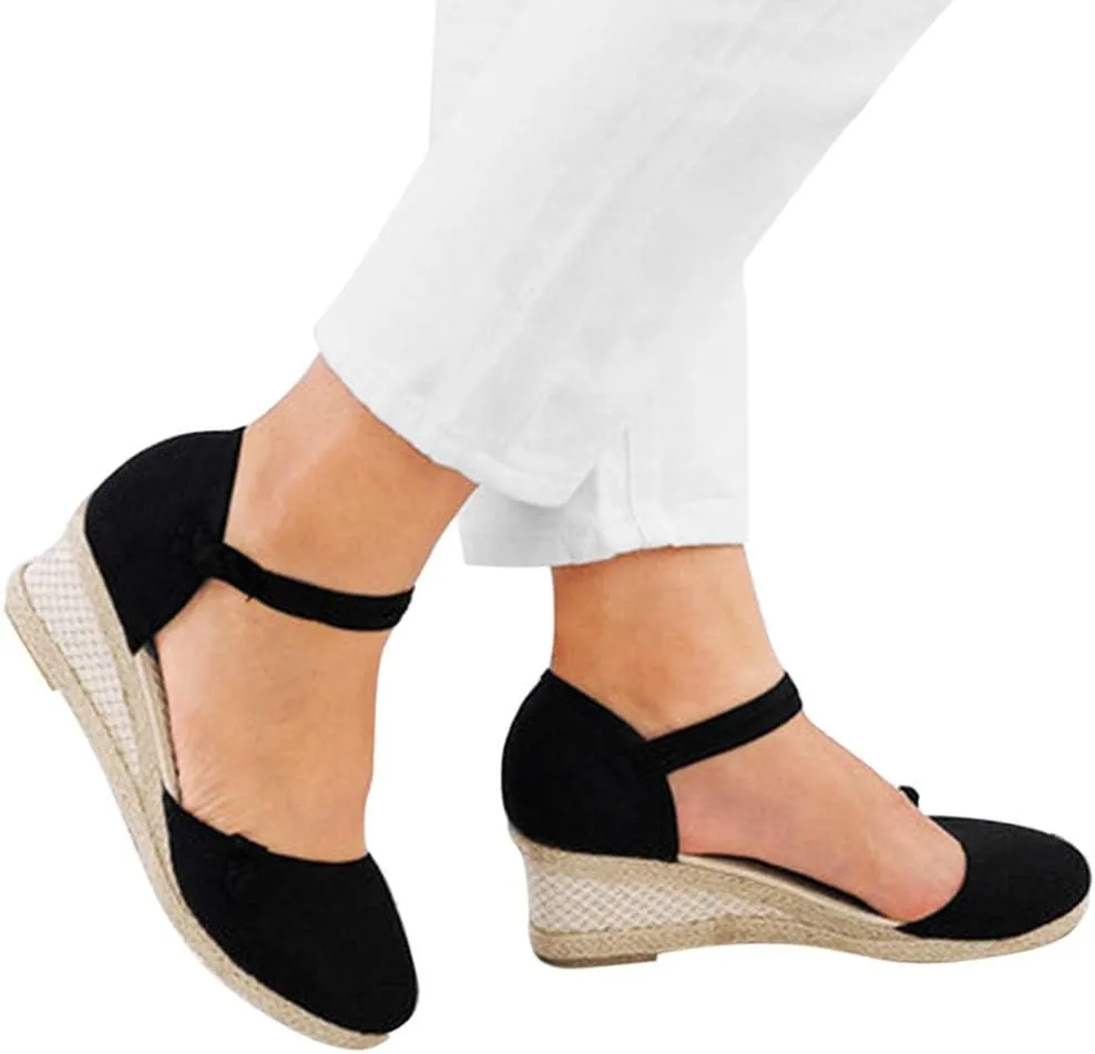 CsgrFagr Women Ladies Retro Linen Canvas Wedge Round Toe Casual Sandals Singles Shoes Womens Platform Wedges Sandals (Black, 6.5)
