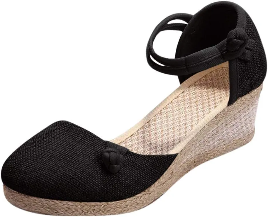CsgrFagr Women Ladies Retro Linen Canvas Wedge Round Toe Casual Sandals Singles Shoes Womens Platform Wedges Sandals (Black, 6.5)