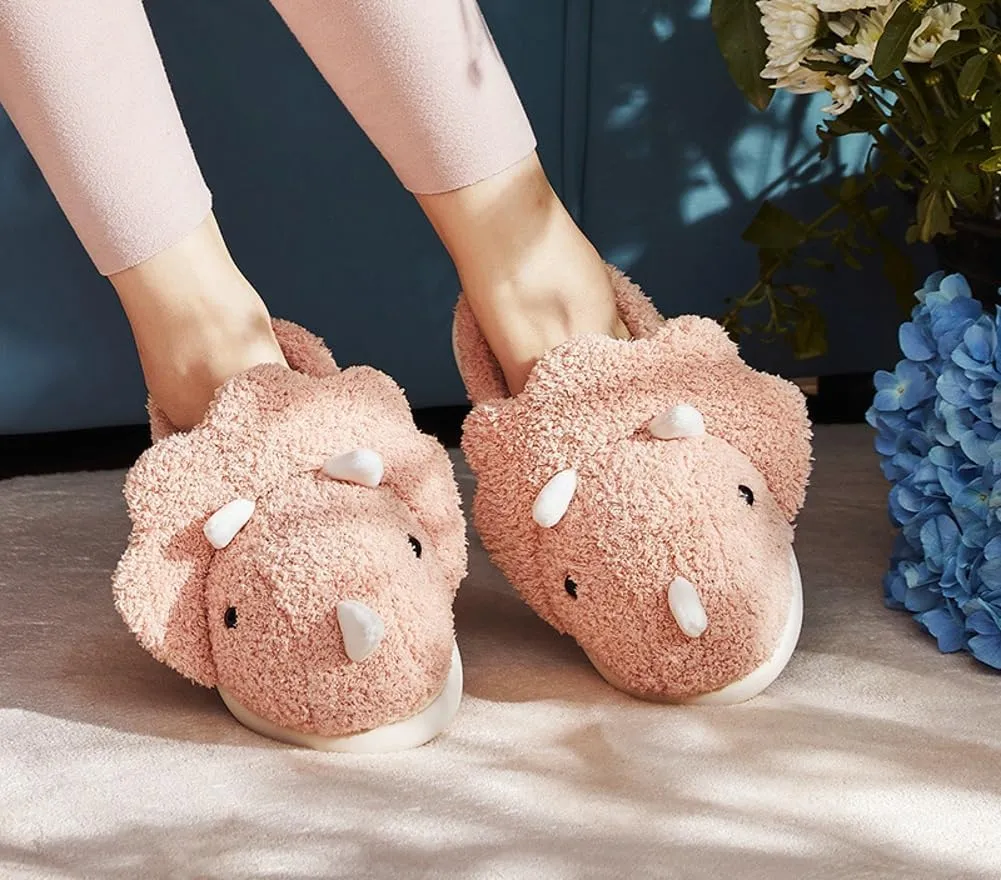 Dinosaur Women Men Plush Animal House Slippers Triceratops Cartoon Winter Slippers 2024