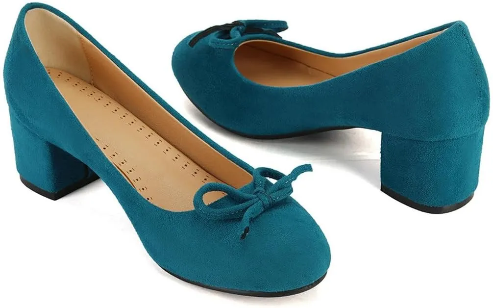 DINTAHA Bow Tie Low Chunky Block Heel Pumps Round Toe Office Dress Shoes for Women