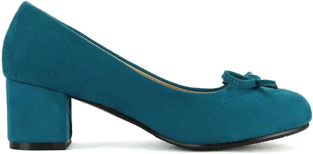 DINTAHA Bow Tie Low Chunky Block Heel Pumps Round Toe Office Dress Shoes for Women