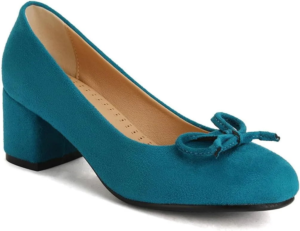 DINTAHA Bow Tie Low Chunky Block Heel Pumps Round Toe Office Dress Shoes for Women